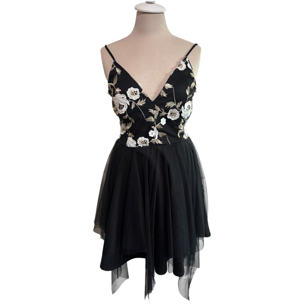 Vtg Black Embroidered Floral Appliqué Dress sz S Tulle Asymmetric Y2K Whimsigoth